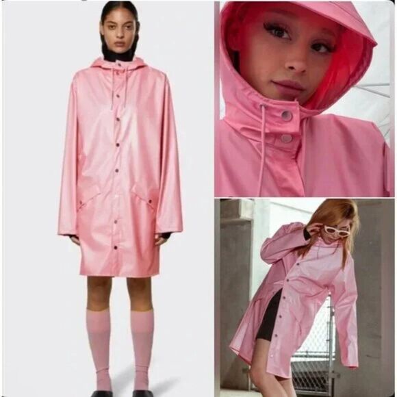NWT New Rains Long Water-Resistant Raincoat Jacket Pink Sky w/Hood Medium - Picture 1 of 12